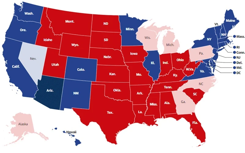 Ông Biden giành chiến thắng ở bang có màu xanh đậm, ông Trump giành chiến thắng ở bang có màu đỏ đậm. (Nguồn: Guardian)