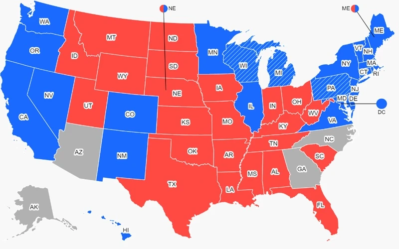 Đảng Dân chủ chiến thắng tại các bang màu xanh, đảng Cộng hòa giành chiến thắng tại các bang màu đỏ. (Nguồn: CNN)