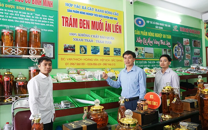 Ông Nguyễn Xuân Thảo (đứng giữa) giới thiệu mặt hàng nông sản.