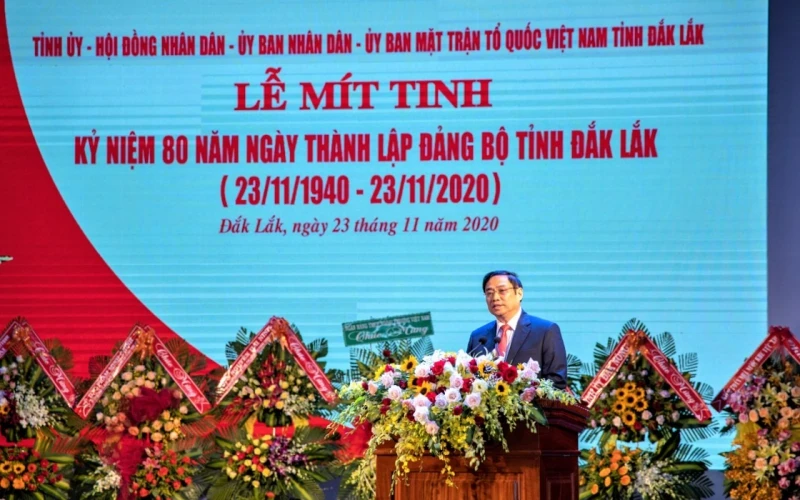 Đồng chí Phạm Minh Chính, Ủy viên Bộ Chính trị, Bí thư Trung ương Đảng, Trưởng Ban Tổ chức Trung ương phát biểu tại lễ kỷ niệm.