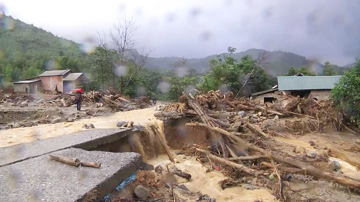 Gỗ và đất, đá bị cuốn trôi xuống khu dân cư huyện miền núi Hướng Hóa (Quảng Trị) trong đợt bão lũ vừa qua.