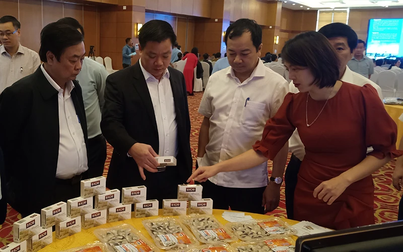 Đại biểu tham quan gian hàng trưng bày các sản phẩm ngao của tỉnh Nam Định.