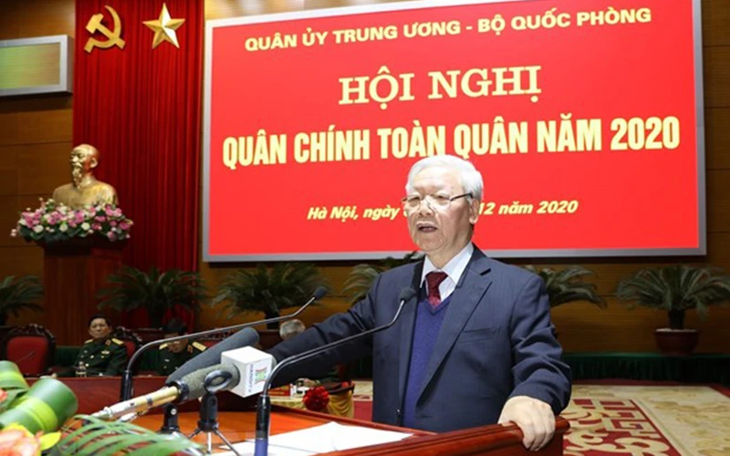 Tổng Bí thư, Chủ tịch nước Nguyễn Phú Trọng, Bí thư Quân ủy T.Ư phát biểu chỉ đạo Hội nghị. (Ảnh: TTXVN)
