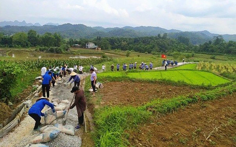 Ðoàn viên thanh niên và nhân dân xóm Cốc Lùng, xã Ðức Long, huyện Hòa An (Cao Bằng) làm đường trên vùng sản xuất.