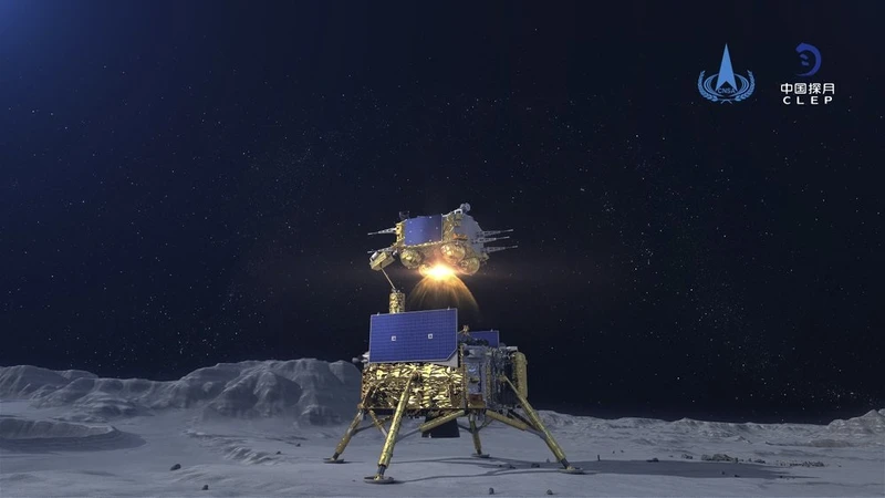 Hình ảnh đồ họa mô phỏng tàu đổ bộ của tàu thăm dò mặt trăng Hằng Nga 5 hạ cánh lên mặt trăng để lấy mẫu đất. Ảnh: Cục Vũ trụ quốc gia Trung Quốc/Tân Hoa Xã.