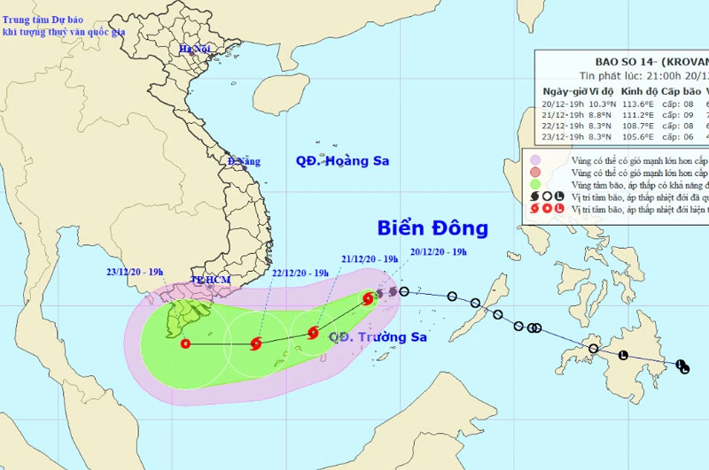 Vị trí và hướng di chuyển của bão số 14. (Nguồn: nchmf.gov.vn)