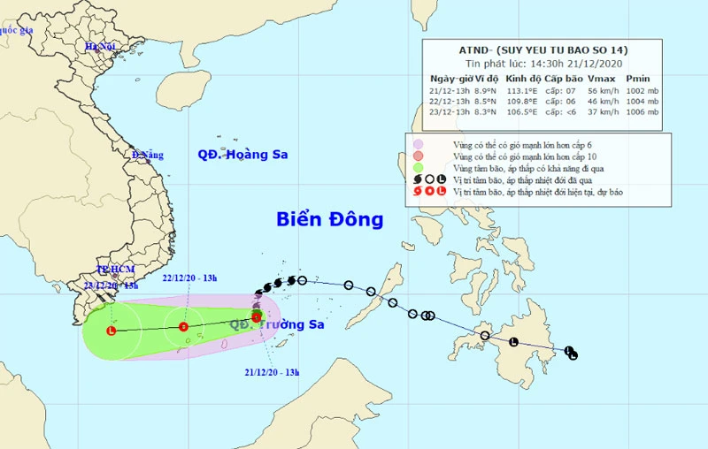 Vị trí và hướng di chuyển của áp thấp nhiệt đới suy yếu từ bão số 14. (Nguồn: nchmf.gov.vn)