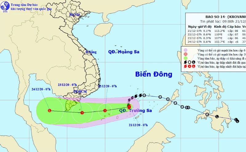 Vị trí và hướng di chuyển của bão số 14. (Nguồn: nchmf.gov.vn)
