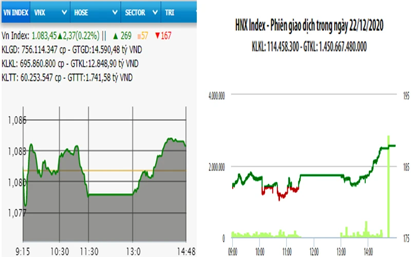 Diễn biến VN-Index và HNX-Index phiên giao dịch ngày 22-12. 