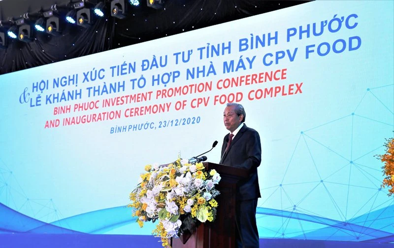 Phó Thủ tướng Thường trực Trương Hòa Bình phát biểu tại Hội nghị xúc tiến đầu tư năm 2020 tỉnh Bình Phước.