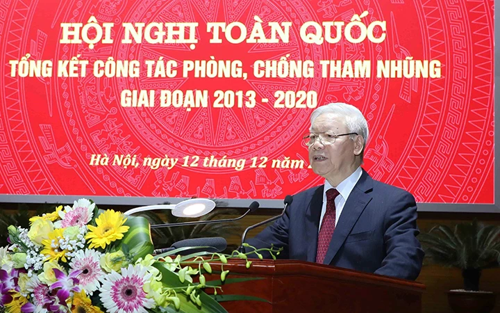 Tổng Bí thư, Chủ tịch nước Nguyễn Phú Trọng, Trưởng Ban Chỉ đạo Trung ương về phòng, chống tham nhũng phát biểu kết luận hội nghị. Ảnh: PHƯƠNG HOA (TTXVN)