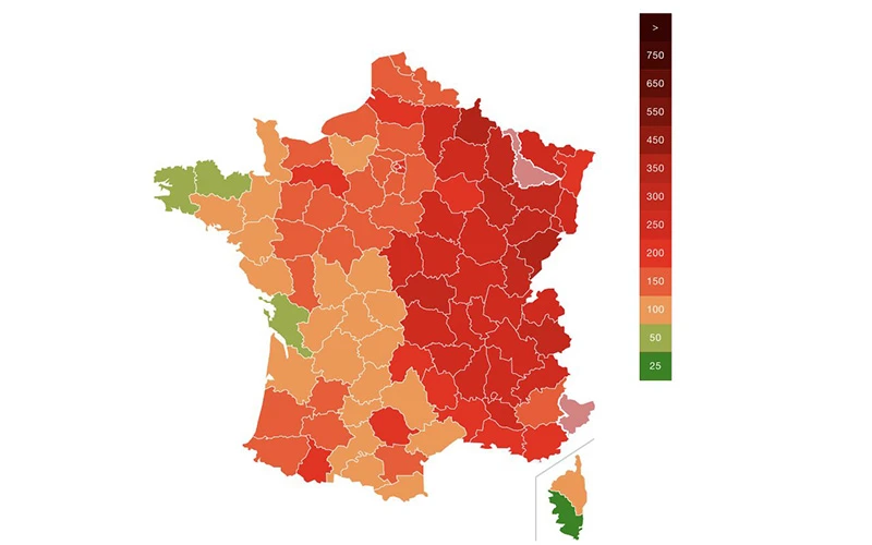 Biểu đồ tỷ lệ nhiễm Covid-19/100 nghìn dân tại các khu vực ở Pháp. (Ảnh: GRZ)