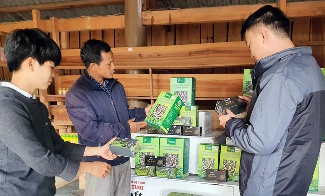 Khách hàng tìm hiểu các sản phẩm OCOP của hộ kinh doanh ở xã Tê Xăng, huyện Tu Mơ Rông (Kon Tum).