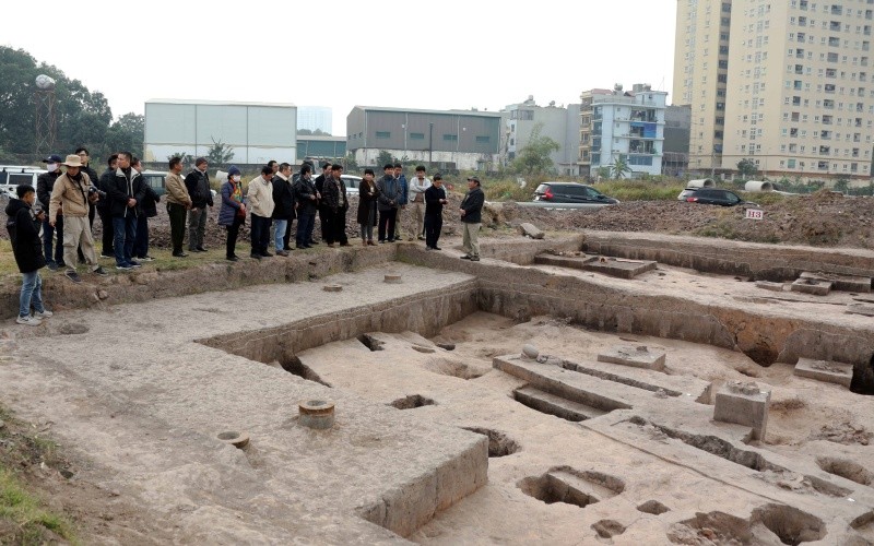 Các nhà khoa học khảo sát tại hiện trường khu khai quật ở gò Dền Rắn.