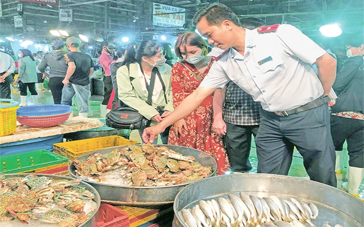 Lực lượng chức năng thuộc Ban quản lý An toàn thực phẩm TP Hồ Chí Minh kiểm tra chất lượng thực phẩm tại Chợ đầu mối nông sản thực phẩm Bình Điền (quận 8).