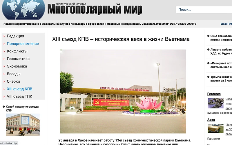 Giao diện bài viết trên tờ Tạp chí chính trị “Thế giới đa cực” của Nga (Ảnh chụp màn hình)