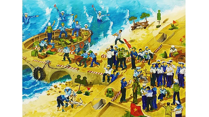 Tác phẩm “Cầu cảng đảo Sinh Tồn mùa thay, thu quân” của họa sĩ Nguyễn Quý Dương.