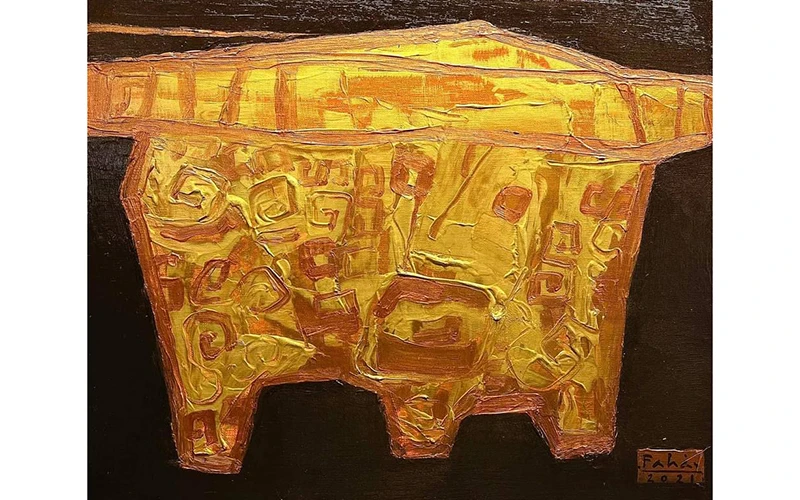 Tân Sửu vàng - Golden Buffalo, 2021; Acrylic, gold, copper on canvas, 40cmx50cm - Tranh của họa sĩ Phạm An Hải