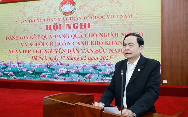 Đồng chí Trần Thanh Mẫn, Ủy viên Bộ Chính trị, Chủ tịch UBTƯ MTTQ Việt Nam phát biểu tại hội nghị.