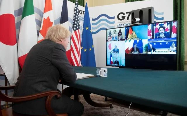 Thủ tướng Anh Boris Johnson chủ trì Hội nghị thượng đỉnh trực tuyến của G7, tại phòng Nội các, phố Downing, London, Anh, ngày 19-2.