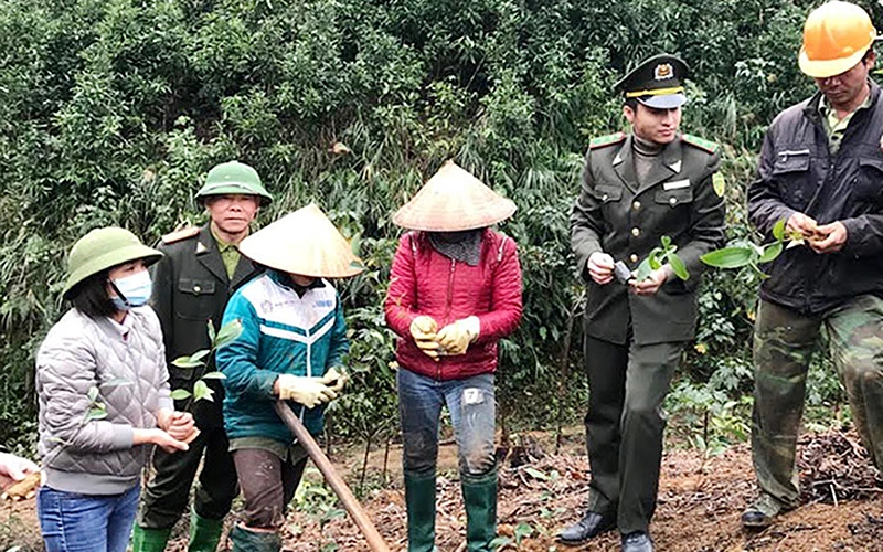 Cán bộ kiểm lâm huyện Trấn Yên (Yên Bái) hướng dẫn người dân kỹ thuật trồng rừng. Ảnh: NGỌC TRÚC