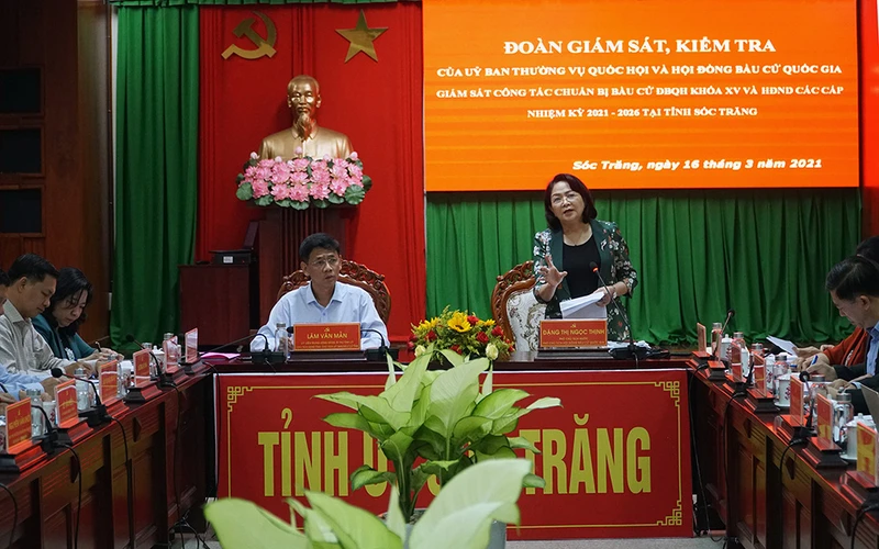 Phó Chủ tịch nước Đặng Thị Ngọc Thịnh phát biểu tại buổi làm việc với lãnh đạo tỉnh Sóc Trăng. 