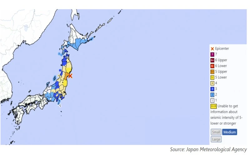Tâm chấn của trận động đất được đánh dấu màu đỏ. (Ảnh: Cơ quan Khí tượng Nhật Bản)
