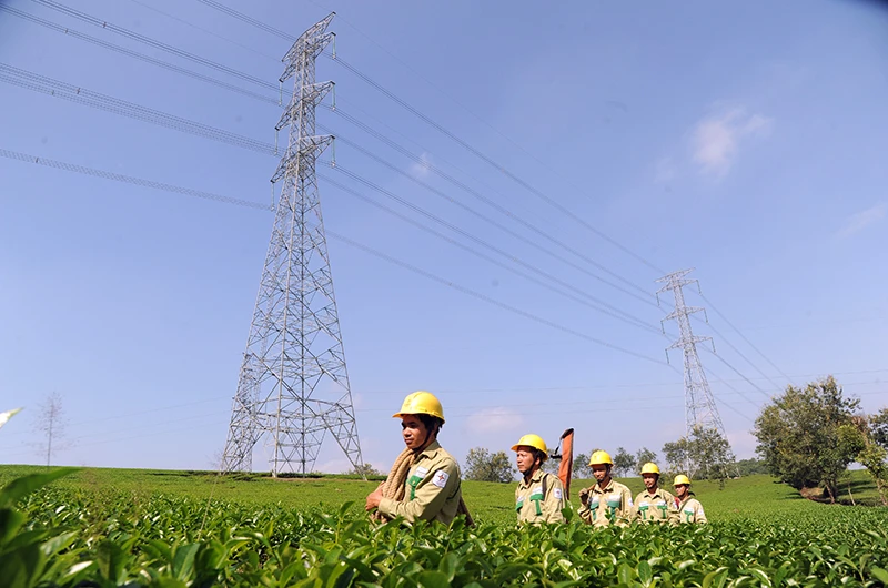 Công nhân Công ty Truyền tải điện Tây Bắc (Tổng công ty Truyền tải điện Quốc) gia kiểm tra, sửa chữa đường dây 500kV Sơn La - Hiệp hòa. Ảnh: NGUYỄN TUẤN
