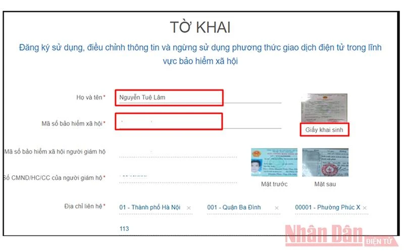 Màn hình khai báo các thông tin đăng ký trên cổng dịch vụ công BHXH Việt Nam.