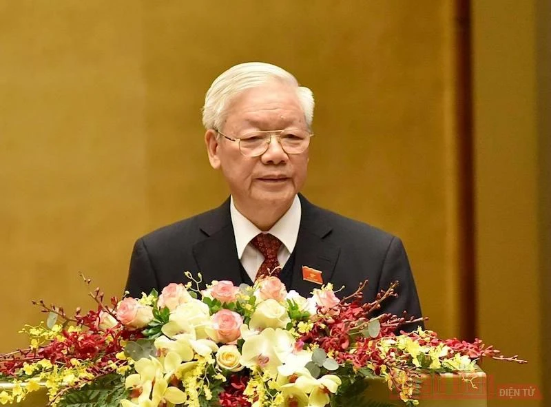 Tổng Bí thư, Chủ tịch nước Nguyễn Phú Trọng trình bày Báo cáo tóm tắt Tổng kết công tác nhiệm kỳ 2016-2021 của Chủ tịch nước, sáng 24-3 (Ảnh: TRẦN HẢI)