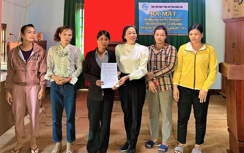 Lãnh đạo Hội Liên hiệp Phụ nữ Đắk Lắk trao quyết định thành lập mô hình điểm cho các thành viên tham gia mô hình.