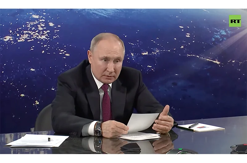 Tổng thống Nga V. Putin phát biểu tại Hội nghị phát triển ngành công nghiệp vũ trụ Nga. (Ảnh: chụp màn hình)