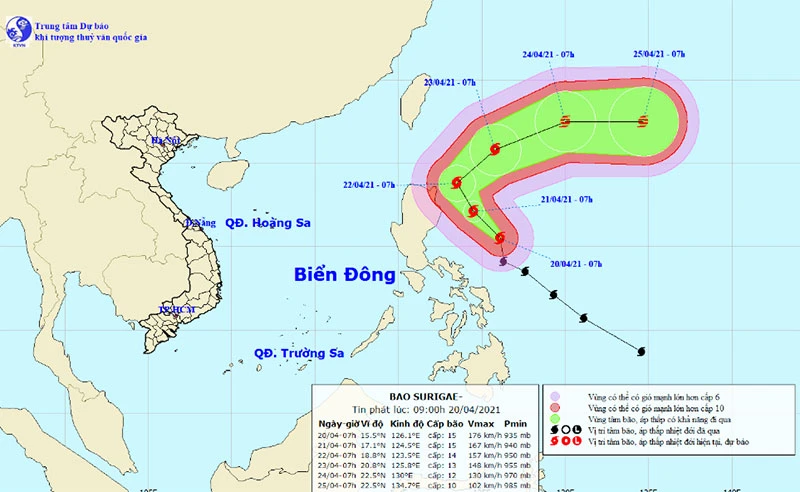 Vị trí và hướng di chuyển của bão Surigae. (Nguồn: nchmf.gov.vn)