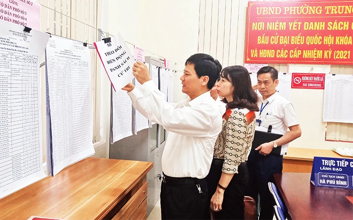 Thường trực Quận ủy Đống Đa kiểm tra công tác niêm yết danh sách cử tri tại phường Trung Tự.