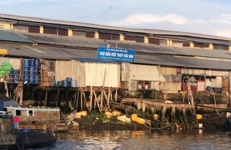 Chợ đầu mối thủy hải sản được xác định có nhiều vi phạm từ việc xả thải trực tiếp ra sông Hậu.