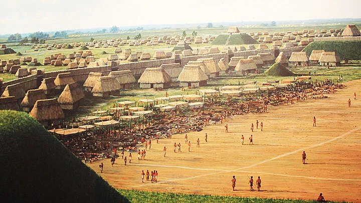 Một bức tranh mô tả quang cảnh thành phố Cahokia cổ đại. Ảnh: WIKIPEDIA
