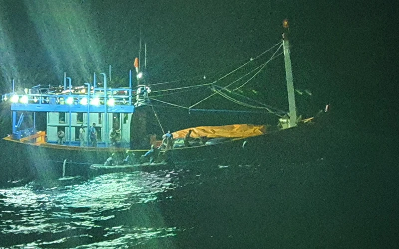 Tàu SARS 412 tiếp cận tàu cá ngay trong đêm, cứu tính mạng của thuyền trưởng tàu cá. 