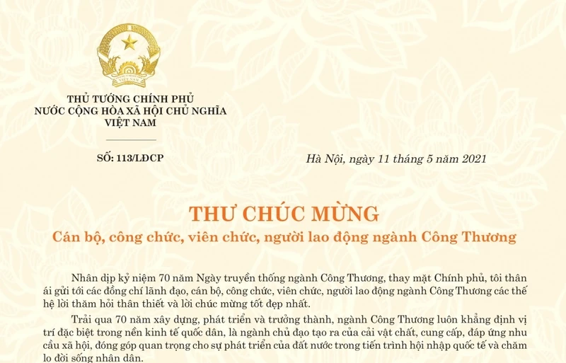 Phần đầu bức thư chúc mừng nhân Ngày truyền thống ngành Công thương của Thủ tướng Phạm Minh Chính.