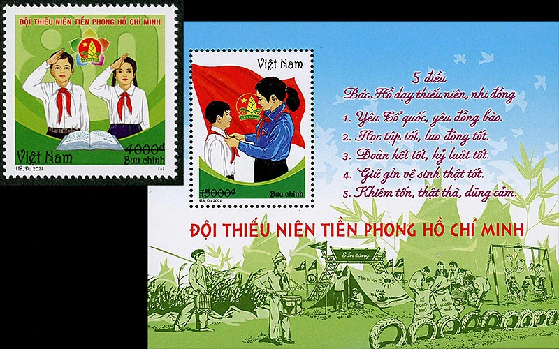 Mẫu tem và blốc “Đội Thiếu niên Tiền phong Hồ Chí Minh”.