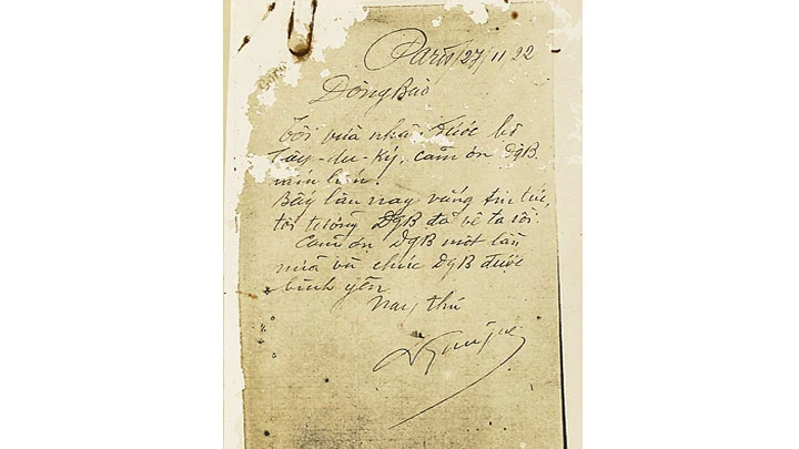 Thư viết tay của Bác Hồ trong thời gian hoạt động tại Pháp.