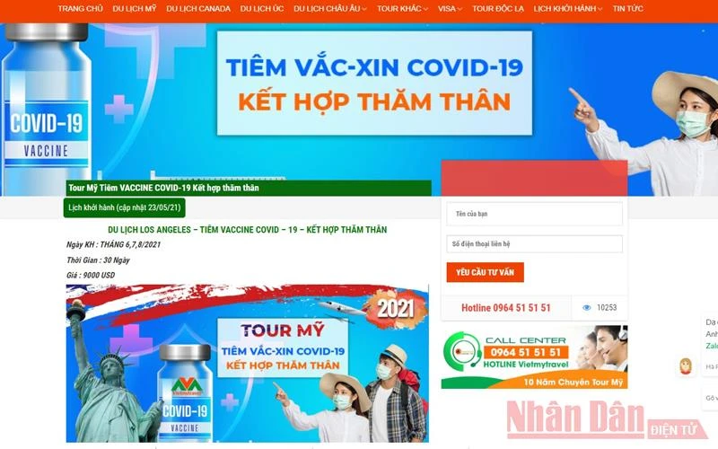 Một quảng cáo tour tiêm vaccine Covid-19 tại Mỹ kết hợp thăm thân nhân được doanh nghiệp lữ hành ở TP Hồ Chí Minh chào bán (Ảnh: N.T)