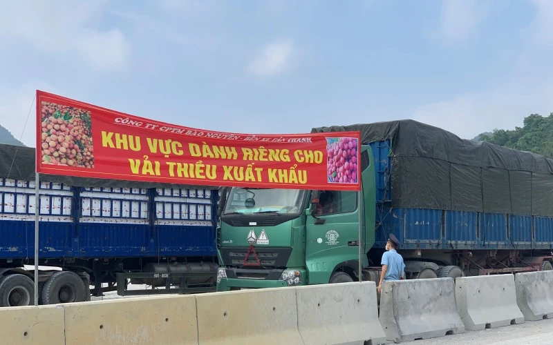  Khu vực đỗ xe dành riêng cho xe chở hàng quả vải thiều tại cửa khẩu Tân Thanh (Văn Lãng).
