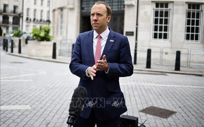 Bộ trưởng Y tế Anh Matt Hancock tại cuộc họp báo ở London, ngày 6/6/2021. Ảnh: AFP/TTXVN