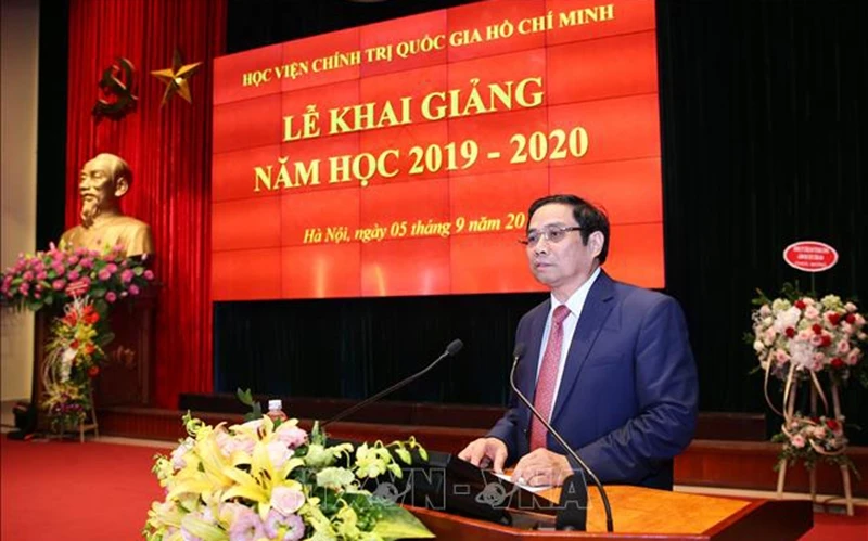 Đồng chí Phạm Minh Chính phát biểu tại Lễ khai giảng năm học mới 2019- 2020 của Học viện Chính trị quốc gia Hồ Chí Minh. Ảnh: TTXVN