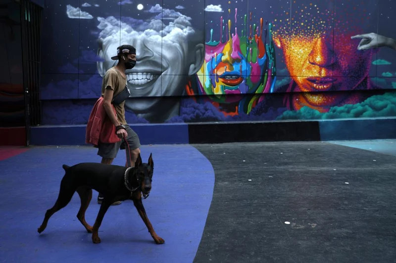 Một người đàn ông dắt chó đi dạo khi đang có các quy định hạn chế đi lại vì đợt bùng phát dịch Covid-19 ở Santiago, Chile. Ảnh: Reuters.