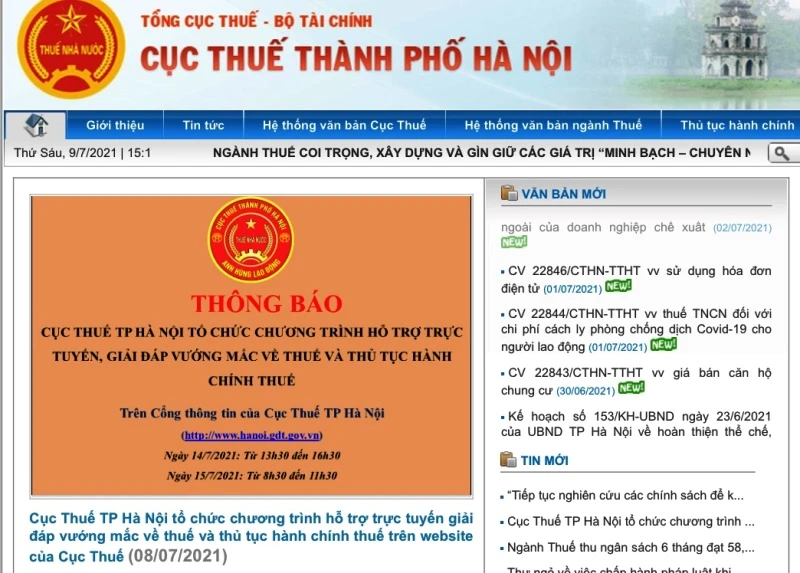 Cục Thuế thành phố Hà Nội thông báo trên website để người nộp thuế biết và theo dõi chương trình giải đáp trực tuyến.