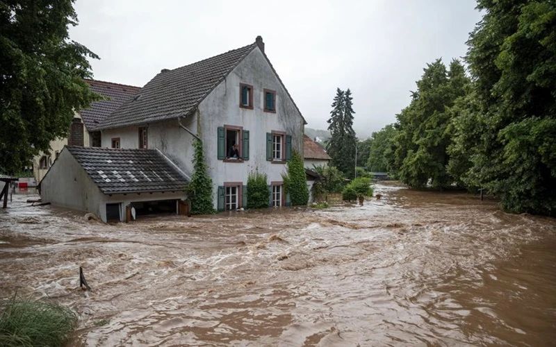 Sông Erdorf bị vỡ bờ, nước dâng lên làm ngập nhiều nhà ở. (Ảnh: AP)