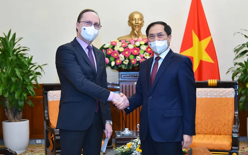 Bộ trưởng Bùi Thanh Sơn (phải) tiếp Đại sứ Liên bang Nga tại Việt Nam Gennady Bezdetko (trái) (Ảnh: BNG)