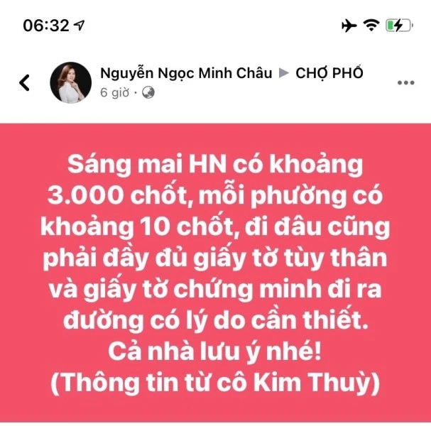 Thông tin Hà Nội lập 3.000 chốt lan truyền trên mạng xã hôi Facebook.