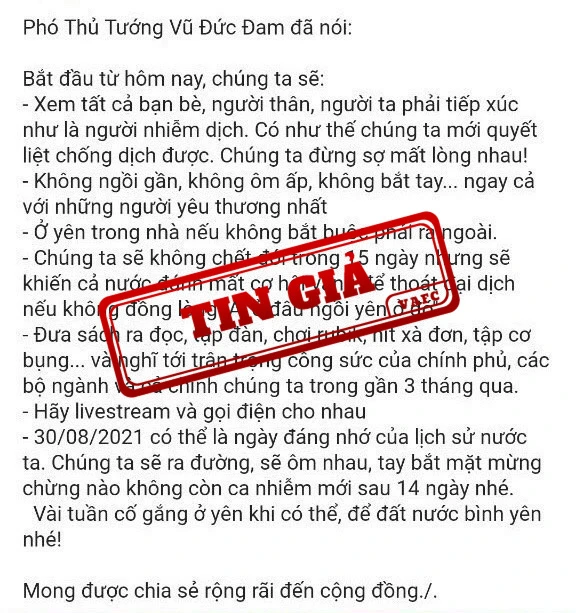 Nội dung thông tin giả mạo phát ngôn của Phó Thủ tướng Vũ Đức Đam phát hiện ngày 6/8. (Nguồn: VAFC). 